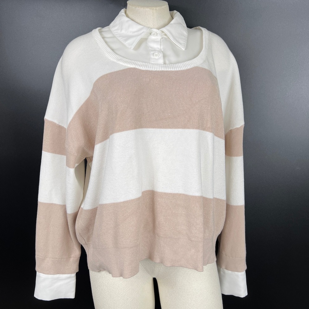 Adrianna Papell Womens XL‎ Beige White Striped Layered Look Sweater  preppy